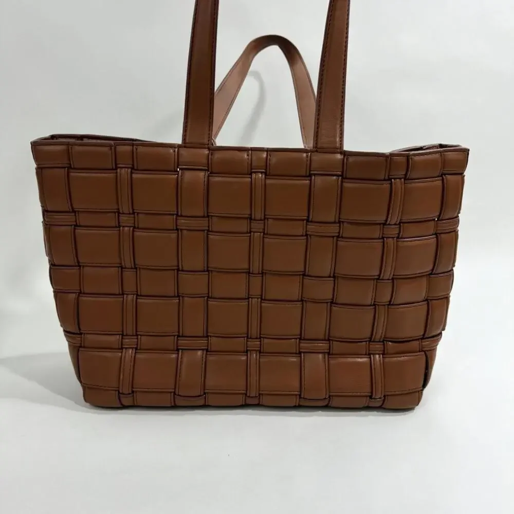 Michael Kors Brown Leather Unlined Snap Closure Ivy Medium Woven Tote Bag - Picture 4 of 11